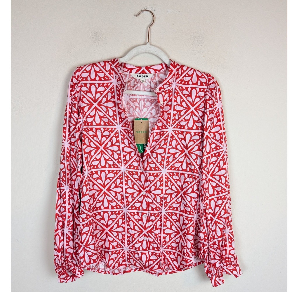 Boden Top 6 Red White Geometric Print Long Sleeve Button V-Neck New